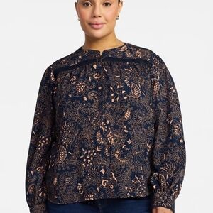 Time and Tru Lace Yoke Blouse Navy Floral Long Sleeve XXXL(22) NWT, Boho, Casual